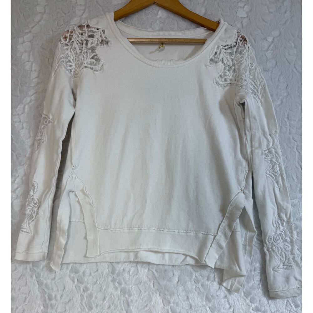 Free People Outer Sunset Ivory White Lace Insert Long Sleeve Boho Knit Top XS - Picture 2 of 16